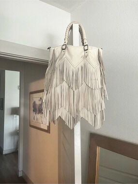 Sam Edelman Fringe Leather Tote Bag Cream
